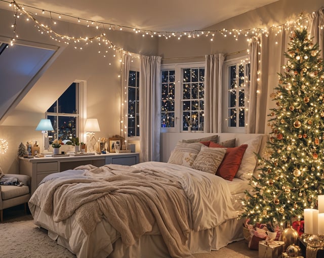A bedroom with a bed, a window, and a Christmas tree. The bed is covered with a white comforter and has a red throw pillow.