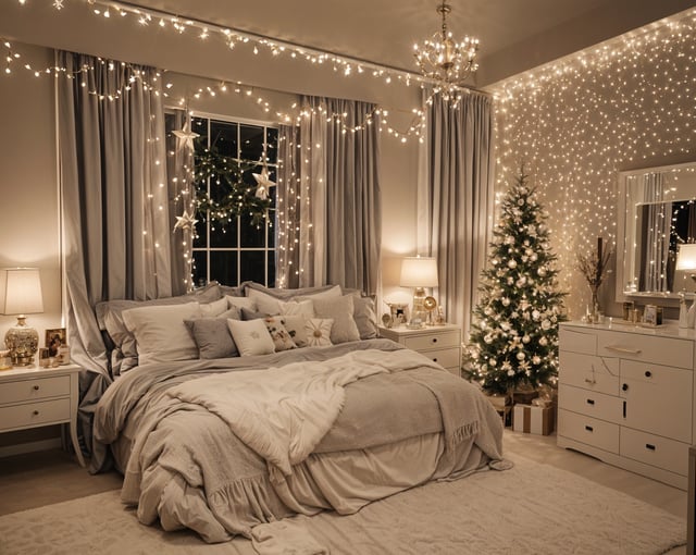 A bedroom with a Christmas tree and lights in the corner.
