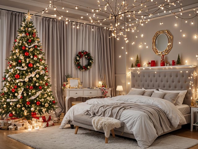 A bedroom with a bed and a Christmas tree. The bed has a white comforter and a fur throw. The room is decorated with Christmas lights and ornaments. The bed is situated in front of a window with curtains. The room also features a dresser and a mirror.