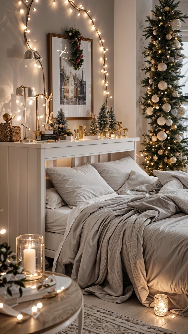A cozy bedroom scene with a white bed and a Christmas tree in the corner. The bed is covered in a grey comforter and has a white pillow on it. The room also features a nightstand and a picture on the wall.