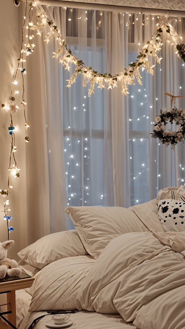 A bedroom scene with a bed, window, and lights. The bed is covered with white sheets and pillows, and the window has white curtains and lights on it.