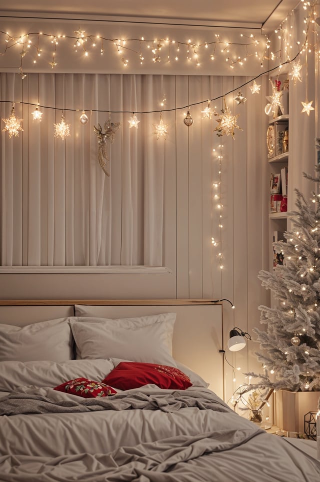 A bedroom scene with a bed, Christmas tree, and lights. The bed is covered with a white comforter and has a red pillow on it.