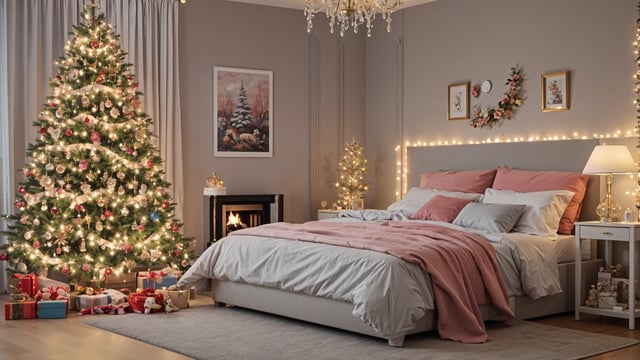 Bedroom with Christmas decorations and a fireplace.