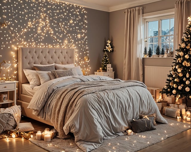 A bedroom with a large bed and a Christmas tree in the corner. The bed is covered in a white comforter and has a white headboard. The room is decorated with Christmas lights and candles, creating a warm and festive atmosphere.