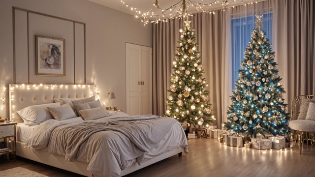 A bedroom with a white bed and two lit Christmas trees. The bed is covered with a white comforter and has a white pillow on it. The room is decorated with Christmas lights and presents.