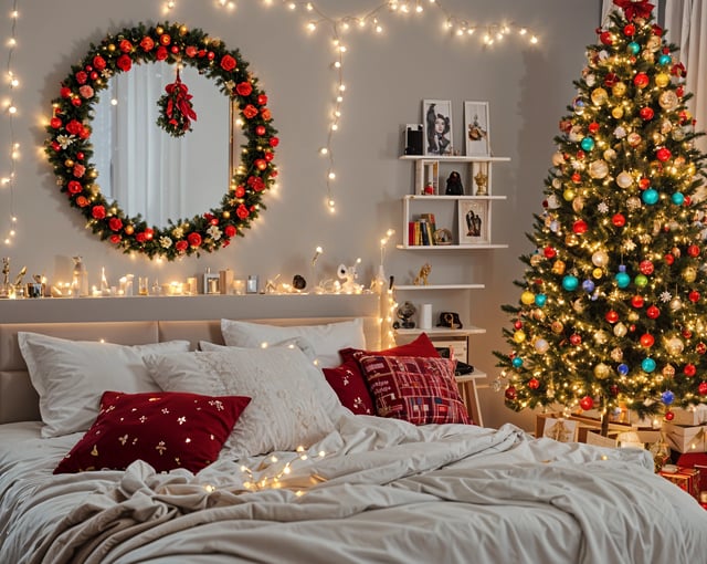 A bedroom with a bed and a Christmas tree. The bed has a white comforter and red pillows. The room is decorated for Christmas with lights and ornaments.