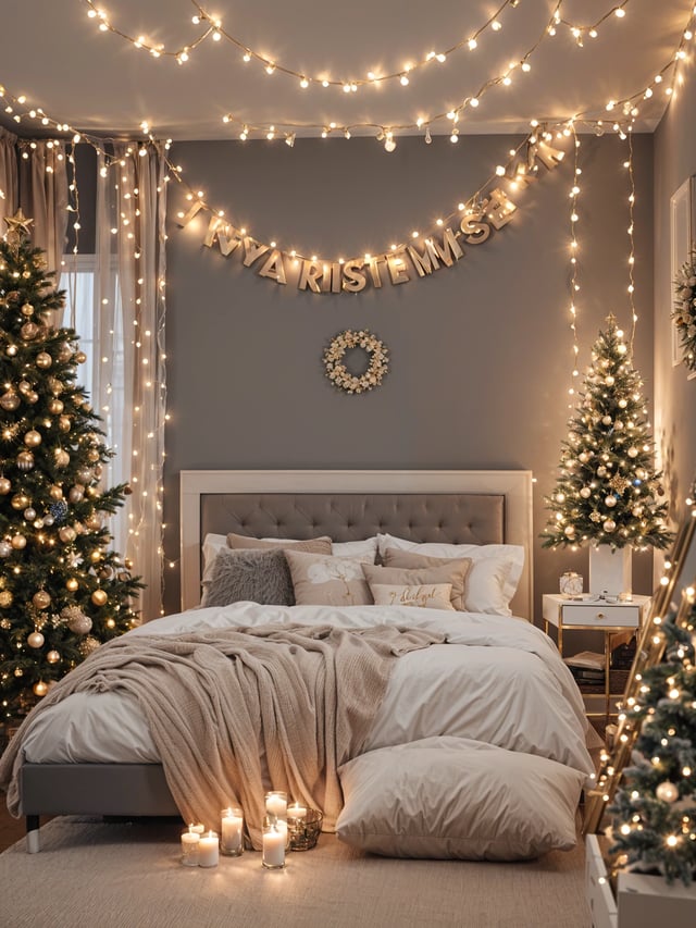 Bedroom with a bed and two Christmas trees. The bed has a white comforter and a gold throw. The room is decorated with lights and a banner that says 'Merry Christmas'.
