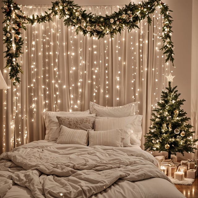 A bedroom with a bed and a small Christmas tree. The bed is covered with a white comforter and has white pillows. The room is decorated with white lights and a garland above the bed.