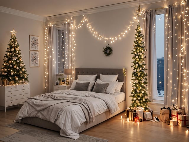 A bedroom with a bed, pillows, and Christmas decorations. A tree and presents are also present in the room.
