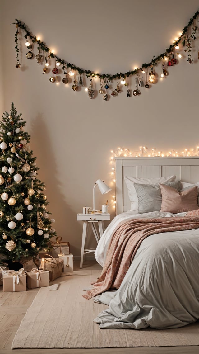 Bedroom with a bed under lights and a Christmas tree in the corner