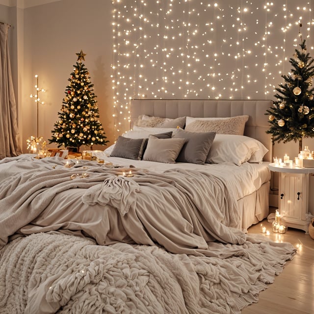 A bedroom scene with a bed, two Christmas trees, and Christmas lights and candles. The bed is covered in a white comforter and is neatly made.