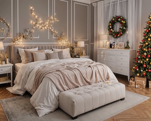 A bedroom with a large bed, bench, and Christmas decorations.