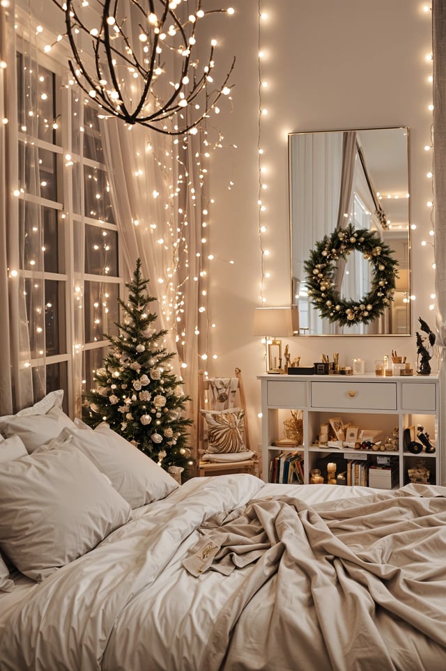 A bedroom scene with a bed, Christmas tree, mirror, and lights. The bed is covered in white sheets and blankets.