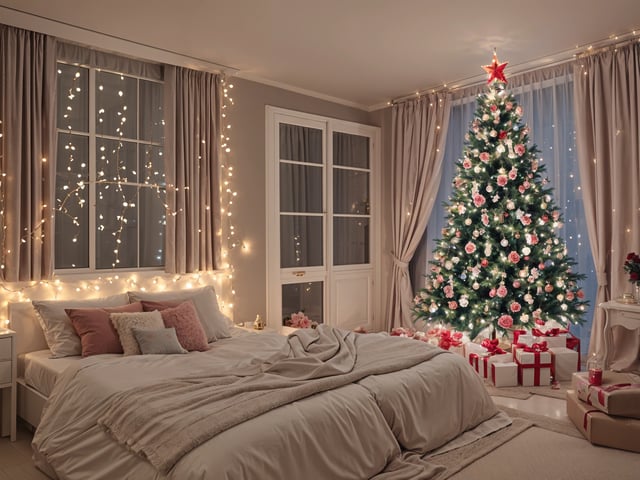 Bedroom with a Christmas tree and presents in front of a window. The bed is unmade and the room is decorated with lights. The bed has a white comforter and a pink pillow.