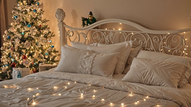A bedroom with a white bed and Christmas lights. The bed is covered with white pillows and a white comforter.