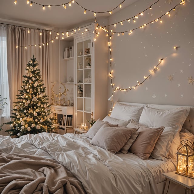 A bedroom scene with a Christmas tree and lights. The bed is neatly made with white sheets and a white comforter. The room is decorated with lights and a Christmas tree, creating a warm and festive atmosphere.