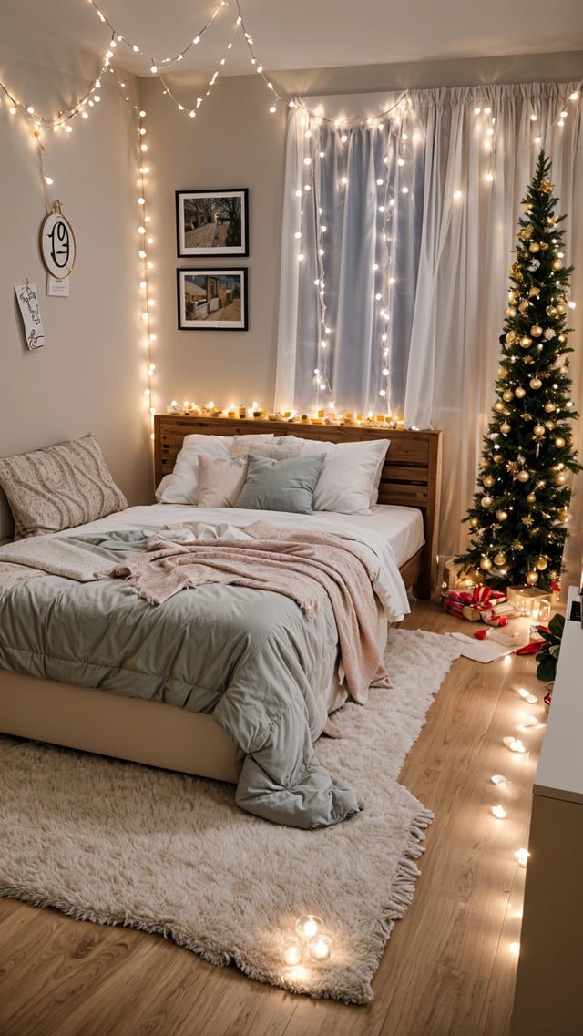 Bedroom with a bed under a window and a Christmas tree. The bed is covered with a white comforter and has a pink blanket on top.