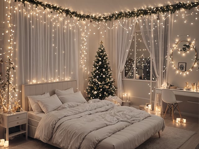 A bedroom with a white bed and a Christmas tree. The room is decorated with white curtains and lights. The bed is covered with a white comforter and has white pillows.