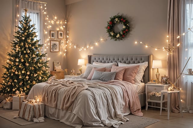 A bedroom with a large bed, pink sheets, pillows, and a Christmas tree in the corner. The room is decorated with lights.
