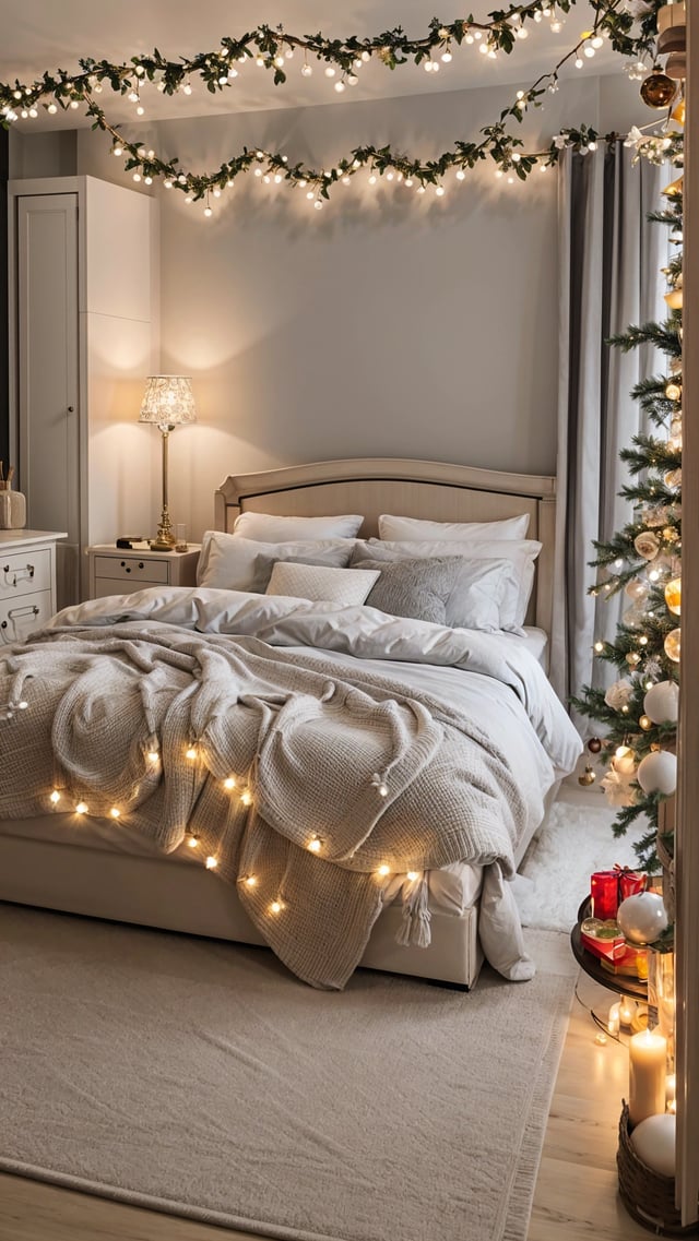 A bedroom with a white bed and Christmas decorations. The bed is covered in a white comforter and a knitted throw. The bed has a white headboard and is adorned with white pillows.