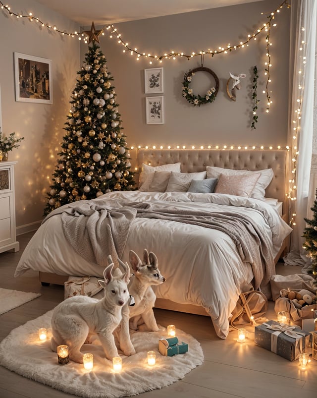 Two white dogs sitting on a rug in front of a bed decorated for Christmas. The room is adorned with Christmas lights and a Christmas tree, creating a warm and festive atmosphere.