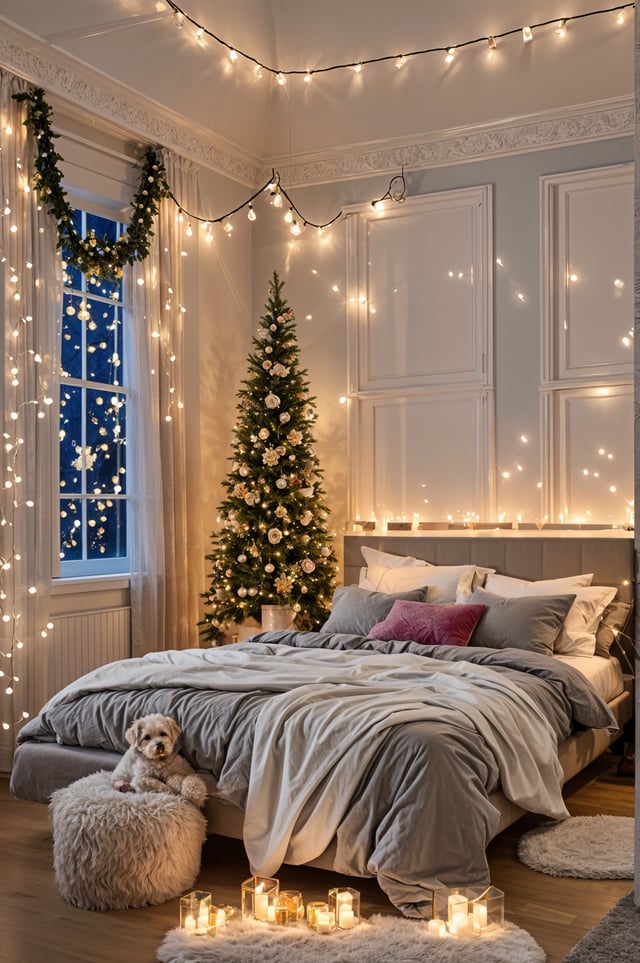 A dog laying on a bed next to a Christmas tree with string lights in the background.