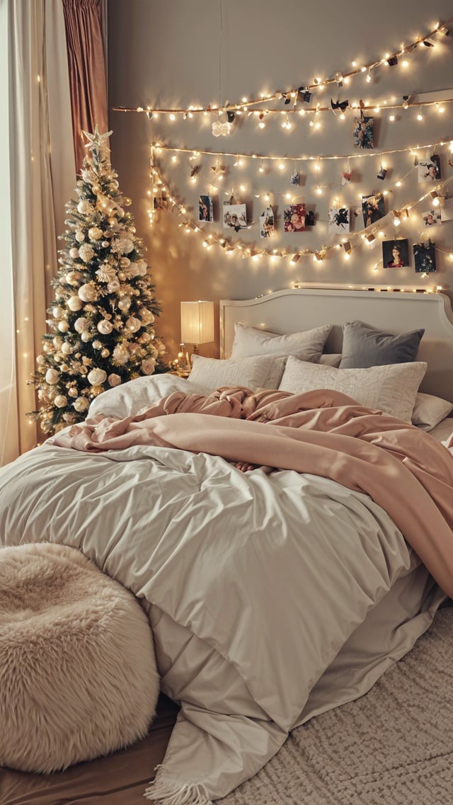 A person laying on a bed with a white comforter and pink blanket, with a Christmas tree in the corner of the room.