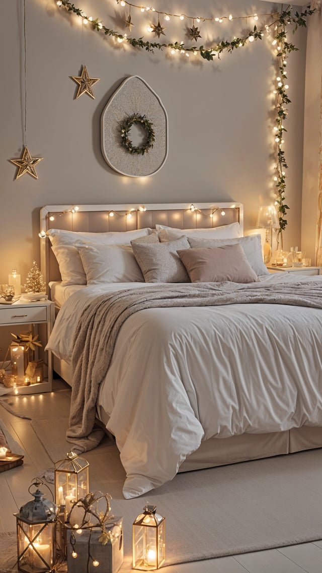A bedroom with a white bed and a wreath on the wall. The bed is covered in a white comforter and has white pillows. The room is decorated with Christmas lights and candles, creating a cozy and festive atmosphere.