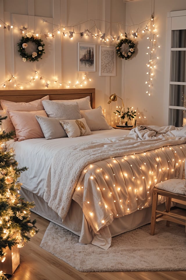 A bedroom with a white bed and a Christmas tree in the corner. The bed is covered with a white comforter and has a white blanket on it. The room is decorated with lights and a window with a view of the city.