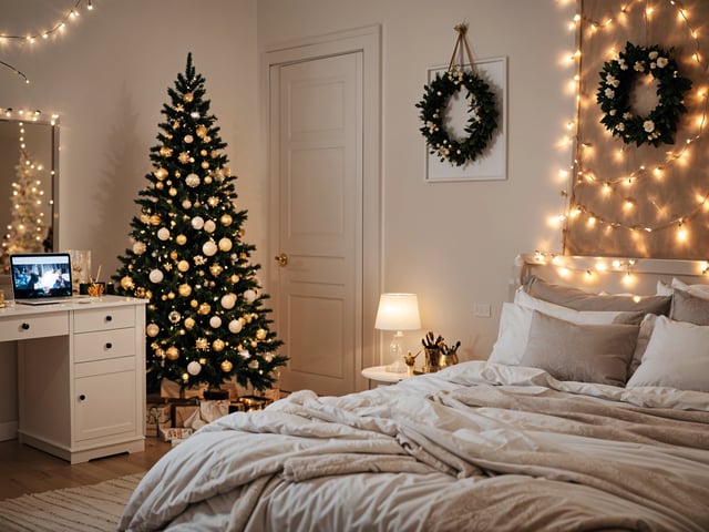A bedroom with a Christmas tree and wreaths. The bed is covered in white sheets and blankets, and there is a lamp on the nightstand.