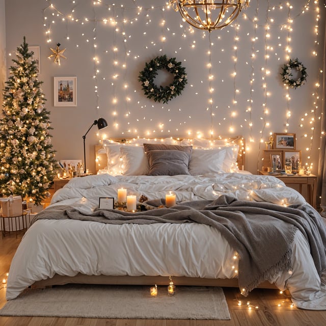 Bedroom scene with a bed and Christmas lights