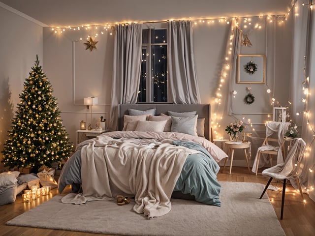 Bedroom with Christmas decorations and a bed with a white comforter and blue blanket.