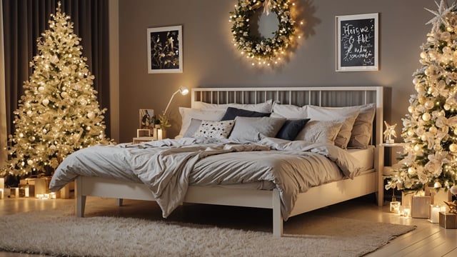 A bedroom with a white bed and a wreath above it.