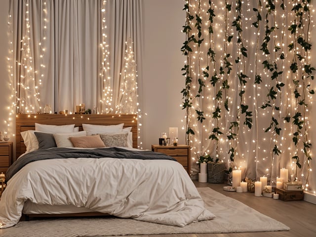 A bedroom with a bed and nightstand, featuring a white bedspread and a white comforter. The bed is adorned with white pillows and a grey blanket. The room is decorated with lights and plants, creating a cozy and inviting atmosphere.