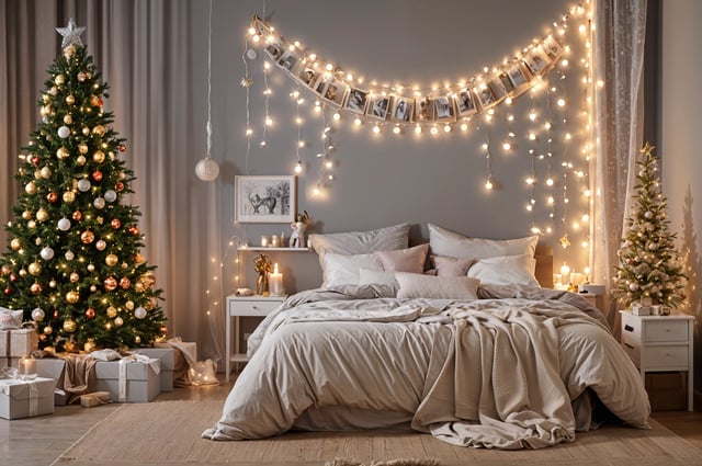 A bedroom scene with a bed under a string of lights and a Christmas tree in the corner.