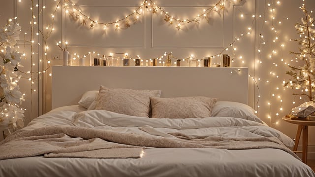 A bedroom with a large bed, white sheets, and pillows. The bed is adorned with a white comforter and a white throw blanket. The room is decorated with Christmas lights.