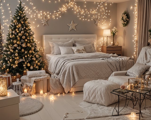 A bedroom with a white bed and a Christmas tree in the corner. The bed is adorned with white linens and has a white star on the pillows. The room also features a chair and a bench, both covered in white blankets.