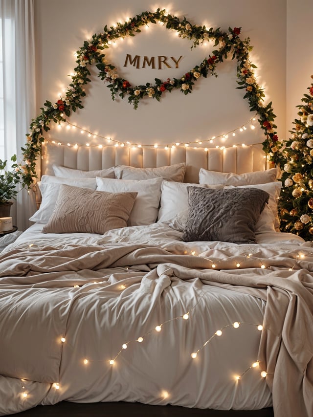 A bedroom with a bed that has a white comforter and a Christmas tree in the corner. The bed is adorned with lights and a garland that reads 'Merry'.