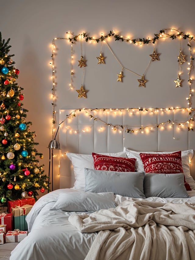 A bedroom with a bed, Christmas tree, and Christmas lights