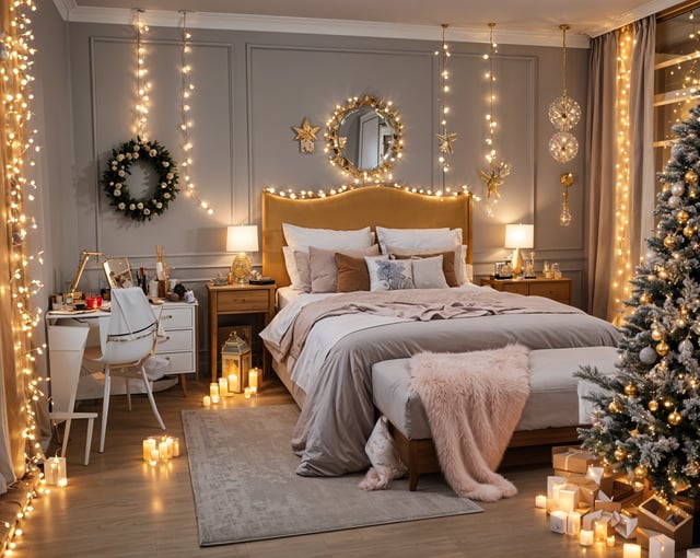 A bedroom with a bed, a chair, a desk, and a Christmas tree. The room is decorated with lights and a mirror.