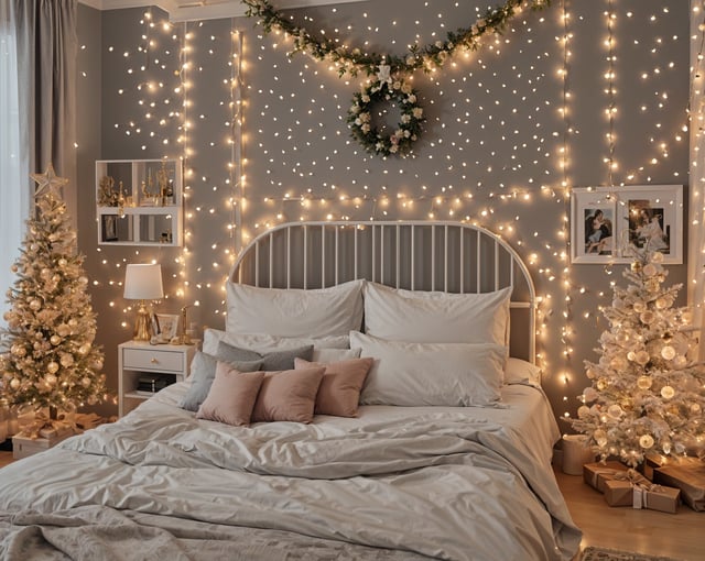 A bedroom with a white bed and a wreath hanging above it. The bed is covered in white sheets and has a pink pillow on it. The room is decorated with Christmas lights and a small tree.