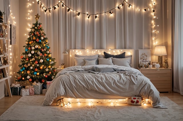 A bedroom scene with a bed under a Christmas tree. The bed is covered in white sheets and has a white comforter. The room is decorated with Christmas lights and presents.