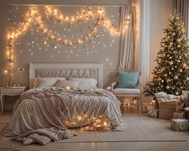 A bedroom with a bed, star garland, lit candle, chair, and Christmas tree.