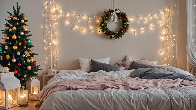 A bedroom with a white bed and a wreath on the wall. The bed is covered in a pink blanket and has a white sheet. The wreath is green and hangs above the bed.