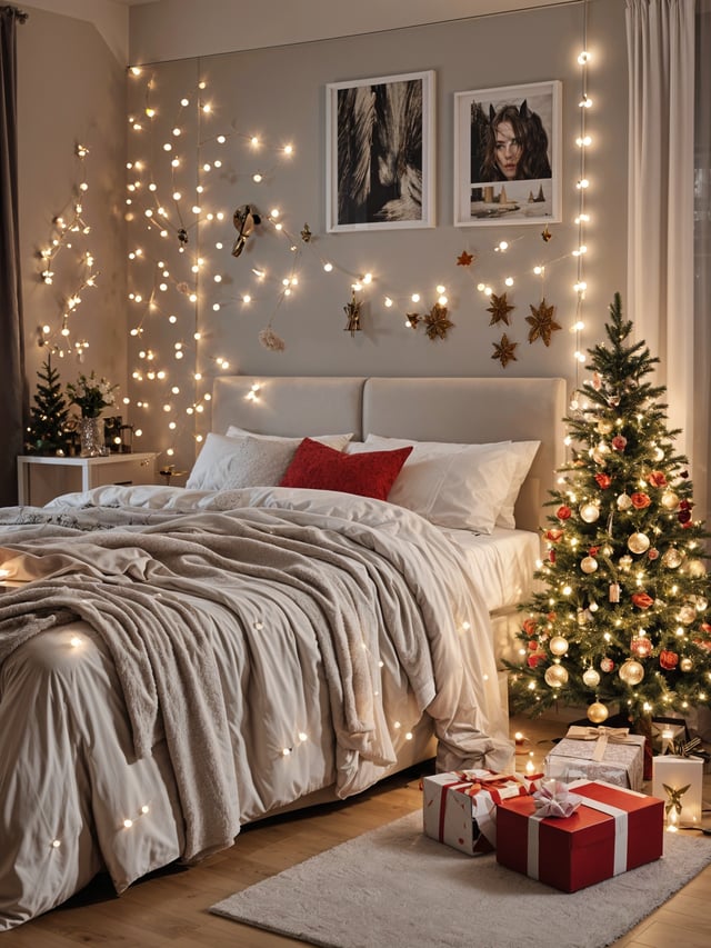 A bedroom decorated for Christmas with a bed, a tree, and presents. The room also includes a dresser and a potted plant.