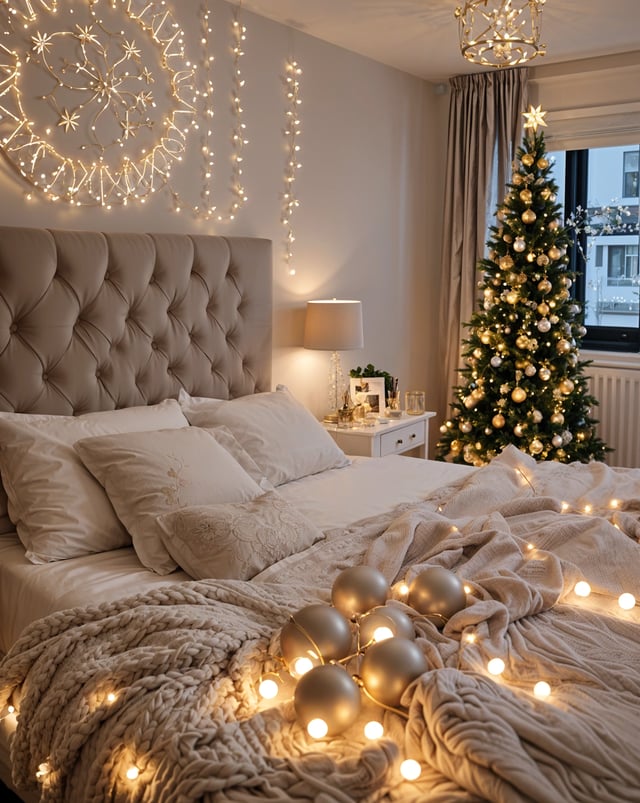 A bedroom with a bed, Christmas tree, and lights.