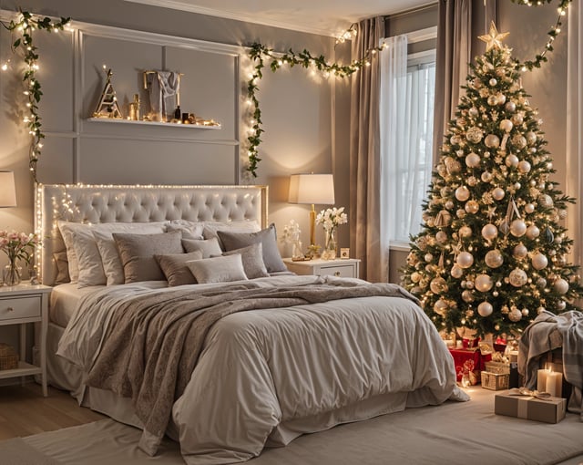 A bedroom with a large bed and a Christmas tree in the corner. The bed is covered in white linens and has a white comforter. The room is decorated with a string of lights and a star garland.