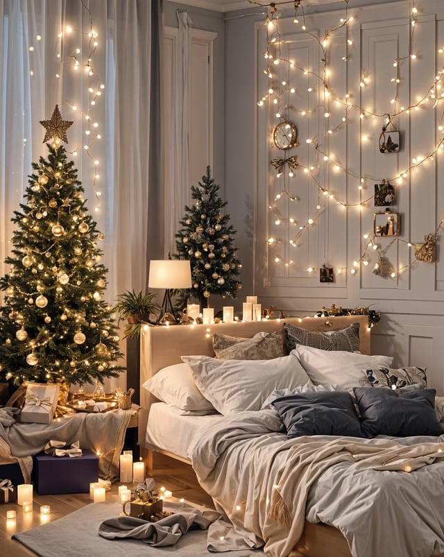 A bedroom with a bed and a Christmas tree. The room is decorated with lights and a clock on the wall.