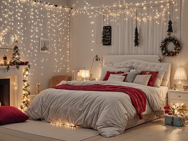 A bedroom with a white bed and a Christmas tree. The bed has a red blanket and is covered in white sheets. The room is decorated with lights and a picture on the wall. The bed is positioned in front of a window.