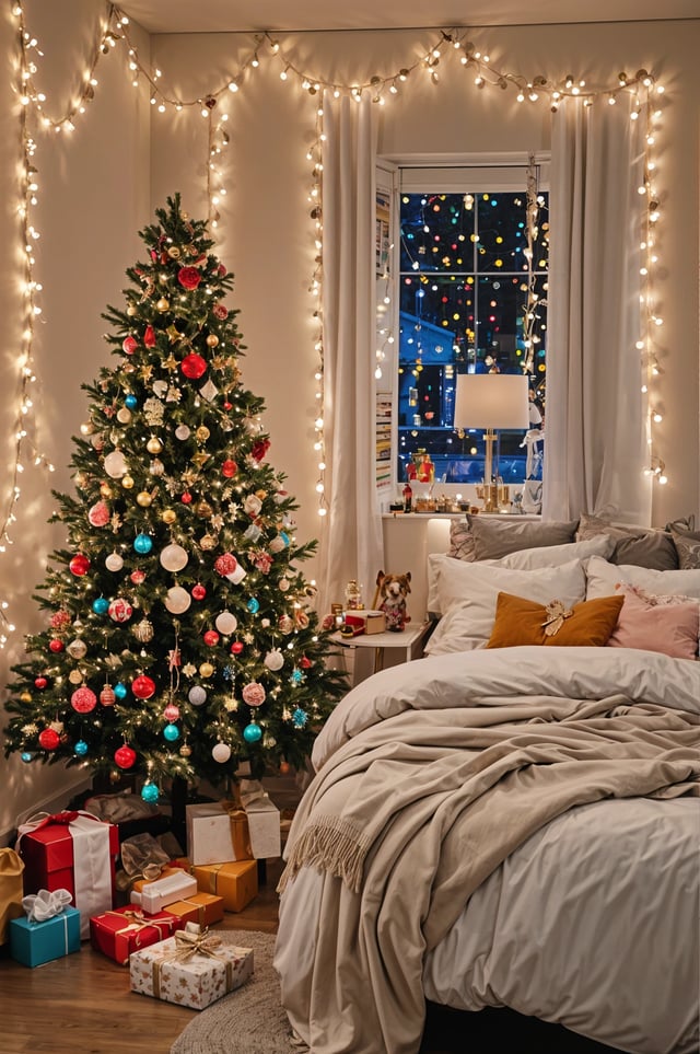 A bedroom with a Christmas tree and bed. The room is decorated with Christmas lights and ornaments.